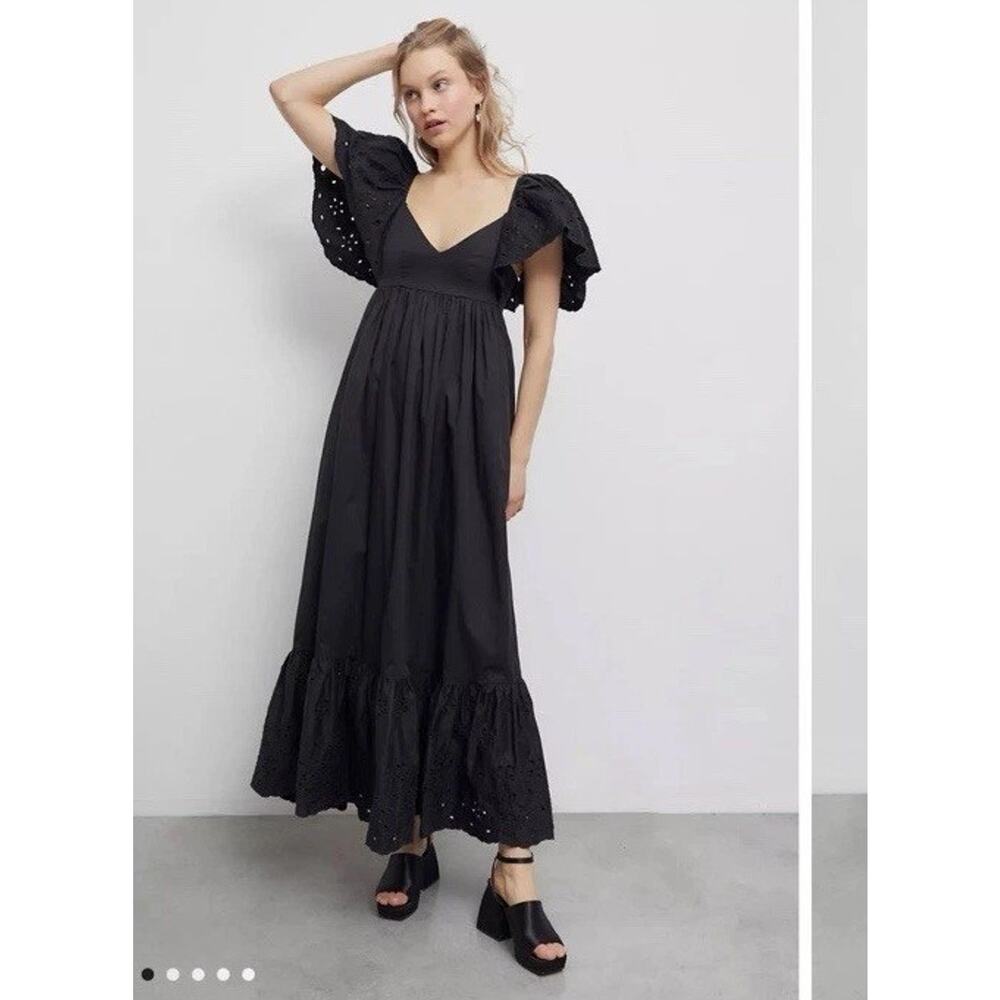 En Saison Barnette Black Midi Dress Eyelet Sleeves Size XS Pockets NWT